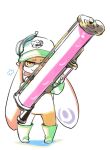  1girl chibi closed_mouth full_body hat holding inkling long_hair looking_at_viewer mota orange_hair pointy_ears simple_background solo splatoon_(series) standing tentacle_hair white_background 