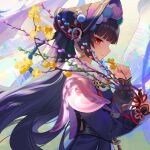  1girl absurdres bangs black_hair chinese_commentary closed_mouth commentary day eyebrows_visible_through_hair flower genshin_impact highres holding japanese_clothes long_hair looking_at_viewer rafaelaaa red_eyes red_ribbon ribbon sideways_glance smile solo sparkle standing sunlight upper_body 