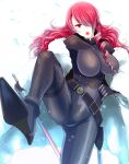  1girl black_bodysuit bodysuit breasts coat fur_coat hair_over_one_eye holding holding_sword holding_weapon kirijou_mitsuru large_breasts looking_at_viewer open_mouth persona persona_3 persona_4:_the_ultimate_in_mayonaka_arena red_eyes redhead shibuki_oroshi simple_background solo sword weapon white_coat 