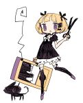 1girl :d @_@ animal arm_at_side bangs black_bow black_cat black_choker black_dress black_legwear blonde_hair bloomers blunt_bangs blush_stickers bob_cut bow cat choker collarbone dress dress_bow frilled_legwear frilled_sleeves frills full_body guillotine_girl_(yukihi) hair_bow hair_ornament hand_up hatching_(texture) holding holding_scissors holding_suitcase leg_up limited_palette linear_hatching looking_at_viewer no_nose original parted_lips puffy_short_sleeves puffy_sleeves purple_footwear ribbon_trim scissors short_dress short_hair short_sleeves simple_background smile solo standing suitcase tareme thigh-highs underwear violet_eyes white_background white_bloomers white_bow yukihi 
