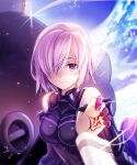  1girl armor bare_shoulders black_armor black_gloves breastplate closed_mouth clouds cloudy_sky commentary_request elbow_gloves eyebrows_visible_through_hair eyes_visible_through_hair fate/grand_order fate_(series) gloves grass hair_over_one_eye highres holding holding_shield holding_weapon konpei_toooh light_purple_hair looking_at_viewer mash_kyrielight mountain out_of_frame outdoors pov purple_eyes purple_gloves shield short_hair sky smile two-tone_gloves weapon 