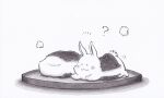  :3 ? animal animal_focus closed_mouth commentary_request food hiraoka_senitsu lying monochrome no_humans on_stomach original plate rabbit seaweed shadow simple_background white_background 
