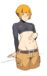  1girl belt black_belt blush breasts brown_pants closed_mouth copyright_request cowboy_shot crop_top dyun highres long_sleeves looking_at_viewer midriff navel orange_eyes orange_hair pants short_hair simple_background small_breasts smile solo white_background 