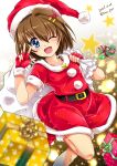  1girl ;d bangs black_legwear blurry blurry_foreground boots brown_hair christmas commentary_request dated depth_of_field dress eyebrows_visible_through_hair fingerless_gloves fur-trimmed_dress fur_trim gift gloves hair_ornament hairclip hat highres leg_up looking_at_viewer lyrical_nanoha mahou_shoujo_lyrical_nanoha mahou_shoujo_lyrical_nanoha_a&#039;s one_eye_closed open_mouth pantyhose red_dress red_footwear red_gloves red_headwear san-pon santa_boots santa_dress santa_gloves santa_hat short_dress short_hair short_sleeves smile solo sparkle standing standing_on_one_leg star_(symbol) textless twitter_username w waving x_hair_ornament yagami_hayate 