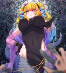  1girl black_gloves blonde_hair blue_hair blush bracelet breasts closed_mouth commission covered_navel drill_locks earrings flower forest from_below gloves hair_flower hair_ornament hana_yamakiri hand_on_hip jewelry lamia large_breasts looking_down medusa_(monster_girl_encyclopedia) monster_girl monster_girl_encyclopedia multicolored_hair nature nose_blush outdoors outstretched_hand petrification pointy_ears pov scales skeb_commission solo_focus twintails two-tone_hair yellow_eyes 