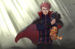  1boy belt cape charmander commentary_request cowboy_shot floating_cape hand_up highres holding holding_pokemon imasara_maki jacket lance_(pokemon) light_rays long_sleeves looking_at_viewer male_focus pants pokemon pokemon_(creature) pokemon_(game) pokemon_hgss redhead scrape short_hair spiky_hair 