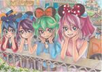  4girls :d ahoge belt blue_hair bow bracelet_girls choker closed_eyes earrings emmasasasa fingerless_gloves gloves green_eyes green_hair hair_bow hiiragi_yuzu holding holding_hands jacket jewelry kurosaki_ruri multicolored_hair multiple_girls necktie open_mouth pink_eyes pink_hair ponytail purple_hair rin_(yuu-gi-ou_arc-v) serena_(yuu-gi-ou_arc-v) short_twintails simple_background sleeveless smile twintails two-tone_hair white_background yellow_eyes yu-gi-oh! yu-gi-oh!_arc-v yuu-gi-ou yuu-gi-ou_arc-v zipper 