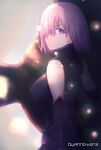  1girl annokata armor bare_shoulders black_armor black_gloves breastplate closed_mouth clouds cloudy_sky commentary_request elbow_gloves eyebrows_visible_through_hair eyes_visible_through_hair fate/grand_order fate_(series) gloves grass hair_over_one_eye highres holding holding_shield holding_weapon light_purple_hair looking_at_viewer mash_kyrielight mountain out_of_frame outdoors pov purple_eyes purple_gloves shield shielder_(fate/grand_order) short_hair sky smile two-tone_gloves weapon 