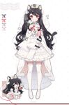  1girl :3 animal_ear_fluff animal_ears arin_(fanfan013) bangs black_hair bridal_veil bride chibi chibi_inset commentary copyright_request dress frilled_dress frills highres long_hair looking_at_viewer red_eyes smile solo tail thigh-highs veil very_long_hair wedding_dress white_dress white_legwear 