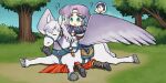  1boy 1girl ? cape fire_emblem fire_emblem:_the_blazing_blade fire_emblem_heroes florina_(fire_emblem) grass green_eyes hector_(fire_emblem) highres hiomaika open_mouth pegasus pegasus_knight_uniform_(fire_emblem) purple_hair red_cape searching tree twitching 