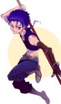  1boy absurdres blue_hair boots child crop_top cu_chulainn_(fate) edwintarm fate/grand_order fate/stay_night fate_(series) gae_bolg_(fate) highres long_hair male_focus midriff polearm ponytail red_eyes setanta_(fate) smirk solo spear weapon younger 