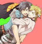  2boys black_hair blonde_hair blue_shirt caesar_anthonio_zeppeli chikusawa facial_mark feather_hair_ornament feathers fingerless_gloves gloves green_eyes hair_ornament hug jacket jacket_on_shoulders jojo_no_kimyou_na_bouken joseph_joestar joseph_joestar_(young) male_focus multiple_boys pants quilted_coat shirt striped striped_pants suspenders 