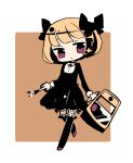  1girl :| arms_at_sides bangs black_bow black_dress black_legwear black_ribbon blonde_hair blunt_bangs blush_stickers bob_cut border bow brown_background closed_mouth dress expressionless frilled_legwear frills full_body guillotine_girl_(yukihi) hair_bow hair_ornament head_tilt holding holding_scissors holding_suitcase leg_up long_sleeves looking_at_viewer looking_to_the_side neck_ribbon no_nose no_pupils original outside_border pleated_dress purple_footwear ribbon ribbon-trimmed_legwear ribbon_trim rounded_corners scissors short_dress short_hair simple_background sleeve_cuffs solo suitcase tan_background thigh-highs violet_eyes walking white_border yukihi 