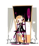  1girl :d animal bangs bare_arms between_legs black_bow black_cat black_choker black_dress black_legwear blonde_hair blunt_bangs blush_stickers bob_cut bow cat chair checkered_floor choker curtains decapitation dress dress_bow foot_dangle frills full_body guillotine guillotine_girl_(yukihi) hair_bow hair_ornament hand_between_legs head_tilt headless holding holding_stuffed_toy knees_together_feet_apart limited_palette looking_at_viewer no_nose no_pupils on_chair original own_hands_together parted_lips puffy_short_sleeves puffy_sleeves purple_footwear scissors severed_head shoes short_hair short_sleeves sitting smile solo stuffed_animal stuffed_bunny stuffed_toy tareme thigh-highs v_arms violet_eyes white_background white_bow yukihi 