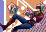  absurdres battle_tendency blonde_hair boots brown_hair caesar_anthonio_zeppeli chibi chibi_inset cover_image cropped_jacket crossed_arms detached_wings edwintarm facial_mark fingerless_gloves frown gloves green_eyes green_jacket head_wings headband hetero highres inset jacket jojo_no_kimyou_na_bouken joseph_joestar joseph_joestar_(young) leather leather_jacket male_focus middle_finger mini_wings pout scarf striped striped_scarf wings 