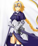  1girl bangs black_choker black_dress black_gloves black_legwear black_panties blonde_hair blue_gloves blush bow braid breasts capelet choker cleavage cleavage_cutout collarbone commentary_request dress eyebrows_visible_through_hair fate/apocrypha fate/grand_order fate_(series) flower gloves hair_between_eyes hair_bow hair_flower hair_ornament hand_up head_tilt indoors j_ack11 jeanne_d&#039;arc_(fate) jeanne_d&#039;arc_(fate)_(all) large_breasts long_hair looking_at_viewer panties parted_lips see-through single_braid sleeveless sleeveless_dress solo thigh-highs underwear very_long_hair violet_eyes 