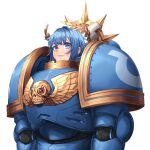  1girl absurdres armor blue_eyes blue_hair closed_mouth eyebrows_visible_through_hair eyelashes highres laurel_crown multicolored_eyes naidong naidong_(artist) original pauldrons short_hair shoulder_armor simple_background skull smile solo space_marine violet_eyes warhammer_40k white_background 