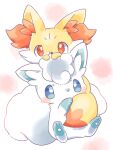  alolan_vulpix animal animal_ear_fluff animal_focus blue_eyes commentary_request covering_mouth fennekin fox hug kana_(maple926) no_humans pokemon pokemon_(creature) red_eyes simple_background toes 