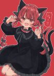  1girl absurdres animal_ears bangs black_dress blush braid cat_ears cat_tail claw_pose dress extra_ears fang frilled_dress frilled_sleeves frills highres kaenbyou_rin long_hair long_sleeves multiple_tails nekomata open_mouth puffy_long_sleeves puffy_sleeves red_background red_eyes redhead sabatuki simple_background solo tail touhou twin_braids 