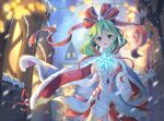  1girl absurdres al_guang alternate_costume bare_shoulders blurry building cape christmas depth_of_field feet_out_of_frame front_ponytail gold_trim green_eyes green_hair highres kagiyama_hina light_blush light_rays light_smile long_hair looking_at_viewer open_mouth outdoors snowflakes solo touhou 