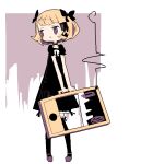  1girl :o bangs bare_arms black_bow black_dress blonde_hair blunt_bangs blush_stickers bob_cut bow colored_inner_hair dress dress_bow eyebrows_visible_through_hair frilled_legwear frilled_sleeves frills full_body furrowed_brow guillotine_girl_(yukihi) hair_bow hair_ornament holding holding_suitcase jaggy_line legs_apart limited_palette looking_away looking_to_the_side mary_janes multicolored_hair negative_space no_nose no_pupils original outside_border parted_lips pigeon-toed puffy_short_sleeves puffy_sleeves purple_background purple_footwear ribbon-trimmed_legwear ribbon_trim shoes short_hair short_sleeves simple_background solo standing streaked_hair suitcase swept_bangs thigh-highs two-tone_background v-shaped_eyebrows violet_eyes white_background white_bow yukihi 