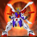  bropmlk fighting_stance g_gundam glowing glowing_hand god_gundam green_eyes gundam highres lens_flare looking_at_viewer mecha no_humans science_fiction solo v-fin 