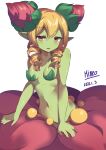  1girl absurdres alraune blonde_hair breasts colored_skin dated disgaea double_bun drill_hair eyebrows_visible_through_hair flora_beast_(disgaea) green_skin heart413 highres looking_at_viewer makai_senki_disgaea monster_girl nature navel plant_girl pointy_ears red_eyes short_hair small_breasts smile solo twin_drills 