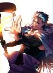  1boy blue_hair capelet casting_spell cu_chulainn_(caster)_(fate) cu_chulainn_(fate) edwintarm fate/grand_order fate_(series) fur-trimmed_hood fur_trim highres hood hooded_capelet long_hair magic male_focus outstretched_hand red_eyes runes solo staff 