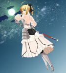  1girl armor armored_dress artoria_pendragon_(all) black_bow blonde_hair blue_sky bow breastplate clouds day dress excalibur eyebrows_visible_through_hair fate/grand_order fate/unlimited_codes fate_(series) faulds floating_hair gauntlets green_eyes hair_between_eyes hair_bow hands_on_hilt highres long_hair looking_at_viewer outdoors petals ponytail saber_lily signature sky sleeveless sleeveless_dress smile solo standing swimmer_(pixiv9349) white_dress 