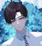  1boy artem_wing_(tears_of_themis) bangs blue_eyes blue_necktie brown_hair closed_mouth highres looking_at_viewer necktie polo_shirt shirt short_hair smile solo tears_of_themis tercynya white_shirt 