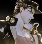  1boy blue_eyes chain collar_chain dark_background earrings gakuran hat high_collar highres jewelry jojo_no_kimyou_na_bouken kujo_jotaro light_particles male_focus parted_lips school_uniform simple_background solo stardust_crusaders upper_body vlfdus_0 