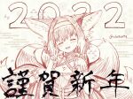  1girl 2022 :d ^_^ animal_ear_fluff animal_ears arknights bangs bare_shoulders blush braid breasts chrocatz closed_eyes commentary_request double_v egasumi eyebrows_visible_through_hair facing_viewer fox_ears fox_girl fox_tail grey_background hair_rings hairband hands_up head_tilt highres kitsune monochrome shirt simple_background small_breasts smile solo suzuran_(arknights) tail teeth twin_braids twitter_username upper_body upper_teeth v 
