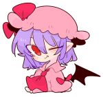  1girl bat_wings bow dress fang frills hat hat_ribbon highres light_purple_hair mob_cap one_eye_closed op_na_yarou pink_dress pink_headwear puffy_short_sleeves puffy_sleeves red_bow red_eyes red_ribbon remilia_scarlet ribbon short_hair short_sleeves simple_background solo touhou white_background wings 