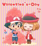  ! 1boy 1girl ash_ketchum bangs baseball_cap black_gloves black_legwear blue_jacket blush boots brown_eyes brown_footwear chibi commentary_request dated eyelashes fingerless_gloves gloves hat heart hetero holding jacket kouzuki_(reshika213) open_mouth pants pokemon pokemon_(anime) pokemon_xy_(anime) raised_eyebrows red_footwear serena_(pokemon) shoes short_hair smile spoken_exclamation_mark standing thigh-highs valentine 