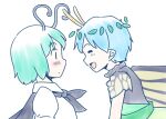  2girls antennae aqua_hair black_cape blush butterfly_wings cape closed_eyes dress eternity_larva facing_another fairy green_dress green_hair leaf leaf_on_head multicolored_clothes multicolored_dress multiple_girls open_mouth rangycrow shirt short_hair simple_background single_strap smile touhou upper_body white_background white_shirt wings wriggle_nightbug 