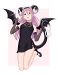  1girl black_dress black_footwear black_gloves demon_girl demon_horns demon_tail demon_wings dress earrings eyebrows gloves green_eyes high_heels highres horns jewelry long_hair looking_at_viewer open_mouth original pointy_ears purple_hair solo susukitten tail wings 