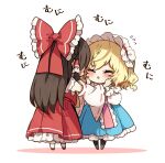  2girls alice_margatroid bare_shoulders black_hair blonde_hair blue_dress blush bow closed_eyes detached_sleeves dress eyebrows_visible_through_hair flying_sweatdrops full_body hair_between_eyes hair_bow hairband hakurei_reimu japanese_clothes lolita_hairband long_hair long_sleeves multiple_girls nontraditional_miko open_mouth piyokichi red_bow red_hairband red_skirt ribbon-trimmed_sleeves ribbon_trim short_hair skirt touhou wide_sleeves 