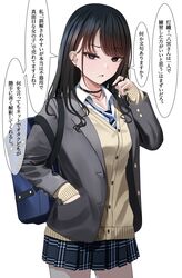  1girl absurdres bag bangs black_hair black_nails blue_eyes cardigan cowboy_shot ear_piercing eyebrows_visible_through_hair grey_jacket hair_twirling hand_in_jacket highres idolmaster idolmaster_shiny_colors jacket kazano_hiori long_hair miniskirt mole mole_under_mouth necktie open_mouth pendant_choker piercing plaid plaid_skirt pleated_skirt school_bag school_uniform shirt simple_background skirt solo speech_bubble striped_necktie swept_bangs turisasu wavy_hair white_background white_shirt 