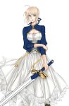  1girl ahoge artoria_pendragon_(all) blonde_hair blue_ribbon breasts cleavage_cutout clothing_cutout excalibur_(fate/stay_night) fate/grand_order fate/stay_night fate_(series) green_eyes hair_bun hair_ribbon holding holding_weapon juliet_sleeves long_sleeves medium_breasts puffy_sleeves ribbon saber solo sword weapon yokubou_kasiki 