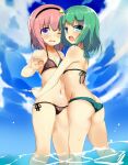  2girls ass bikini blue_eyes breasts commentary green_bikini green_hair komeiji_koishi komeiji_satori multiple_girls pink_hair purple_bikini short_hair siblings sisters sky small_breasts suzunooto_shirasu swimsuit touhou violet_eyes water 