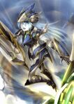  1girl android armor blue_eyes blue_hair breastplate colored_skin fantasy flying gauntlets gold_trim helmet high_heels highres joints long_hair me_ganchyo mixed-language_commentary open_mouth original robot_joints shoulder_armor solo teeth upper_teeth valkyrie white_skin winged_helmet 