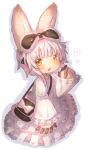  1other :3 :d animal_ears bag bandam bangs blush bow dress drop_shadow flower frilled_dress frilled_sleeves frills furry hairband hand_up highres long_sleeves looking_at_viewer made_in_abyss nanachi_(made_in_abyss) rabbit_ears short_hair_with_long_locks shoulder_bag sidelocks sleeves_past_wrists smile solo whiskers white_background white_bow white_dress white_hair wide_sleeves yellow_eyes 