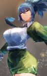  1girl alternate_costume bangs blue_eyes blue_hair breasts collared_shirt hatano_kiyoshi highres large_breasts leona_heidern metal_slug_attack necktie ponytail serious shirt simple_background skirt snk solo suit_jacket the_king_of_fighters 