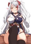 1girl :p absurdres ahoge arm_support azur_lane bangs black_legwear breasts choker cross eyebrows_visible_through_hair hair_between_eyes hair_ornament heart highres iron_cross large_breasts licking_lips long_hair looking_at_viewer mole mole_on_breast moyoron prinz_eugen_(azur_lane) simple_background sitting sittng smile solo thigh-highs thighs tongue tongue_out two-tone_dress white_background white_hair wooden_floor yellow_eyes 