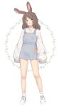  1girl animal_ears blue_eyes blush brown_hair closed_mouth eyebrows_visible_through_hair full_body highres long_sleeves looking_at_viewer original overalls rabbit_ears rabbit_girl shirt shoes sleeves_past_wrists smile sneakers socks solo striped striped_shirt susukitten white_footwear white_legwear 