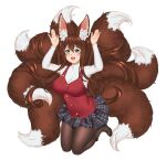  1girl animal_ears arms_up black_legwear blush breasts brown_hair commission eyebrows_visible_through_hair fox_ears fox_girl fox_tail full_body green_eyes highres large_breasts long_hair long_sleeves looking_at_viewer open_mouth original pantyhose plushmallow skirt smile solo susukitten tail teeth transparent_background upper_teeth 