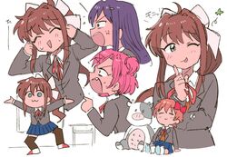  4girls :3 :p angry black_legwear blazer blue_skirt blush bow brown_hair chibi closed_eyes cow doki_doki_literature_club embarrassed green_eyes jacket long_hair monika_(doki_doki_literature_club) multiple_girls natsuki_(doki_doki_literature_club) pink_hair ponytail purple_hair red_bow ribbon sayori_(doki_doki_literature_club) school_uniform short_hair skirt smile socks stuffed_animal stuffed_toy thigh-highs tongue tongue_out tsubobot twintails white_legwear white_ribbon yuri_(doki_doki_literature_club) 