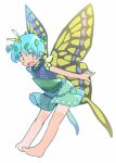  1girl antennae aqua_hair barefoot blush butterfly_wings dress eternity_larva eyebrows_visible_through_hair fairy full_body green_dress hair_between_eyes leaf leaf_on_head multicolored_clothes multicolored_dress open_mouth rangycrow short_hair short_sleeves simple_background single_strap sketch smile solid_oval_eyes solo tan tanlines touhou white_background wings 