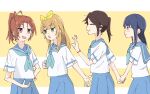  4girls absurdres black_hair blonde_hair blue_eyes blue_neckwear blue_sailor_collar blue_skirt blush brown_hair closed_mouth green_eyes hair_ribbon hibike!_euphonium highres hug kasaki_nozomi kitauji_high_school_uniform long_hair looking_at_another looking_at_viewer multiple_girls nakagawa_natsuki neckerchief no_name_41_ open_mouth pleated_skirt ponytail purple_eyes red_eyes ribbon sailor_collar school_uniform serafuku shirt short_sleeves simple_background sitting skirt smile standing white_background white_shirt yellow_ribbon yoroizuka_mizore yoshikawa_yuuko 