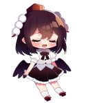  1girl bangs black_hair black_ribbon black_skirt black_wings chibi closed_eyes full_body geta hat neck_ribbon open_mouth pom_pom_(clothes) red_footwear red_headwear ribbon shameimaru_aya shirt short_hair short_sleeves simple_background skirt socks solo tearing_up tengu-geta tokin_hat touhou touya_(konpekitou) white_background white_legwear white_shirt wings 